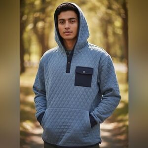 MOUNTAIN AND ISLES MEN'S STEEL BLUE QUARTER SNAP PULLOVER QUILTED HOODIE LARGE